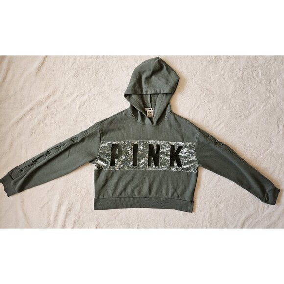 Victoria Secret Fleece Lined Cropped Pullover Sweatshirt Womens M Green Hooded - Picture 2 of 15